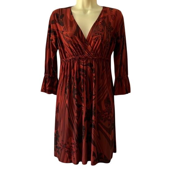 Fave Rust Sublimation Print Slinky Knit Dress Size Medium Mini 3/4 Sleeves Y2K - Picture 1 of 9